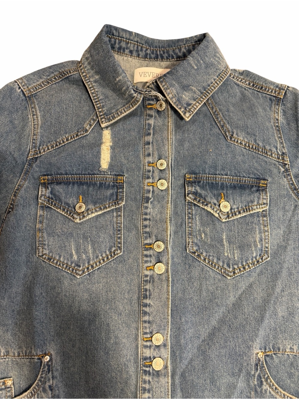 Veveret Denim Jean Shacket Jacket Size Medium Medium Wash Distressed Button Down - Picture 5 of 15